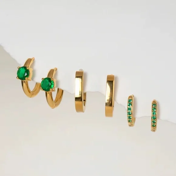3 Pairs | 18K Gold Plated Green Hoop Earrings Set - Picture 3 of 7